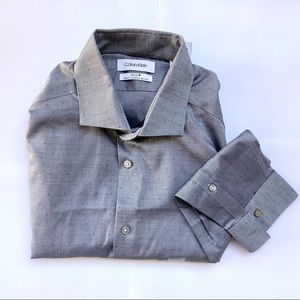Calvin Klein Slim Fit, Stretch, Men’s Dot Print Dress Shirt, Steel 15 1/2, 34/35